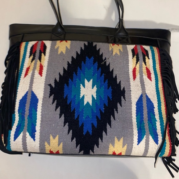 ECOTORIE BLEU SOUTHWEST INDIGENOUS BLANKET IN BLUE AND BLACK LEATHER HANDBAG NWT - Picture 4 of 5